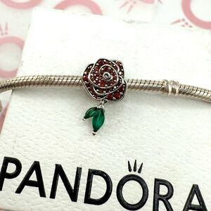 Authentic PANDORA Silver Sparkling Pave Red Rose In Bloom Charm
